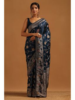 Soch - Women Navy Blue Satin Zari Saree with Unstitched Blouse Piece