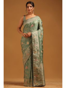 Soch - Women Green Satin Zari Saree with Unstitched Blouse Piece