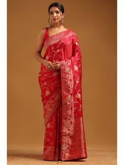 Soch - Women Red Satin Zari Saree with Unstitched Blouse Piece