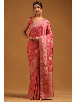 Soch - Women Pink Satin Zari Saree with Unstitched Blouse Piece