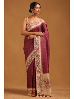 Soch - Women Wine Tussar Tassels Saree with Unstitched Blouse Piece