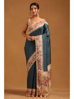 Soch - Women Teal Tussar Tassels Saree with Unstitched Blouse Piece