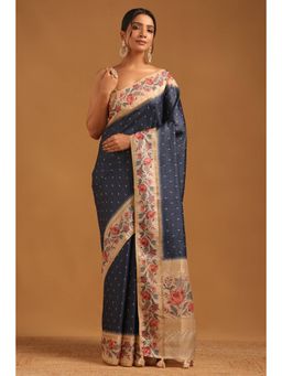 Soch - Women Navy Blue Tussar Tassels Saree with Unstitched Blouse Piece