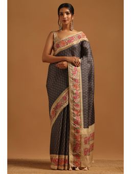 Soch - Women Charcoal Tussar Zari Saree with Unstitched Blouse Piece