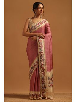 Soch - Women Pink Tussar Tassels Saree with Unstitched Blouse Piece