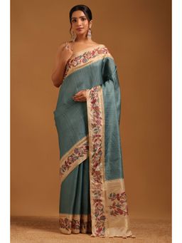 Soch - Women Teal Tussar Tassels Saree with Unstitched Blouse Piece