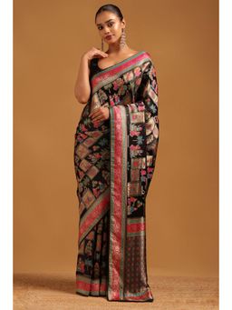 Soch - Women Black Satin Zari Saree with Unstitched Blouse Piece