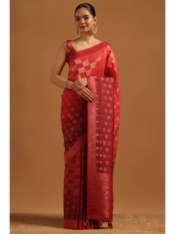 Soch - Women Maroon Tussar Tassels Saree with Unstitched Blouse Piece