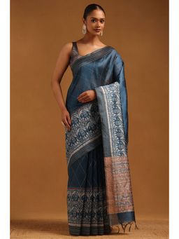 Soch - Women Blue Tussar Tassels Saree with Unstitched Blouse Piece