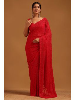 Soch - Women Red Georgette Embellished/Sequined Saree with Unstitched Blouse Piece