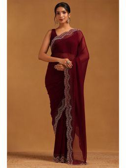 Soch - Women Wine Georgette Embellished/Sequined Saree with Unstitched Blouse Piece
