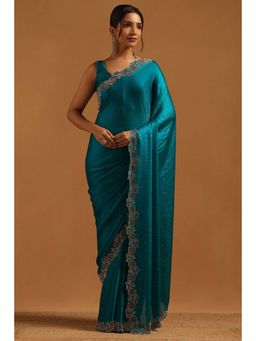 Soch - Women Blue Organza Embellished/Sequined Saree with Unstitched Blouse Piece