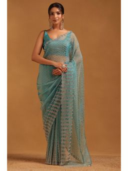 Soch - Women Blue Organza Embellished/Sequined Saree with Unstitched Blouse Piece