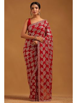 Soch - Women Red Georgette Embellished/Sequined Saree with Unstitched Blouse Piece