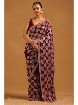 Soch - Women Wine Georgette Embellished/Sequined Saree with Unstitched Blouse Piece