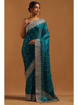 Soch - Women Blue Organza Embellished/Sequined Saree with Unstitched Blouse Piece