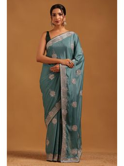 Soch - Women Blue Georgette Beads and Stones Saree with Unstitched Blouse Piece