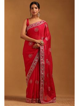 Soch - Women Pink Organza Beads and Stones Saree with Unstitched Blouse Piece