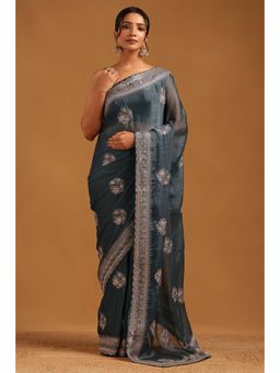 Soch - Women Blue Organza Embellished/Sequined Saree with Unstitched Blouse Piece