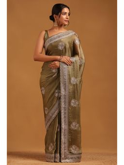 Soch - Women Olive Organza Embellished/Sequined Saree with Unstitched Blouse Piece