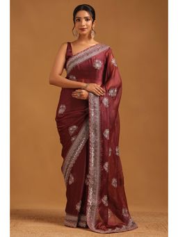 Soch - Women Maroon Organza Embellished/Sequined Saree with Unstitched Blouse Piece