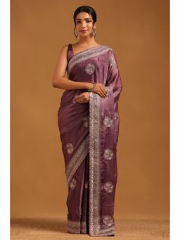 Soch - Women Purple Organza Embellished/Sequined Saree with Unstitched Blouse Piece