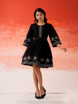 Autumnlane - Women Black Cotton Embroidered Dress
