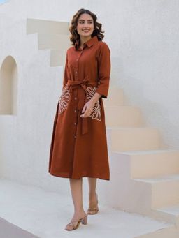 Autumnlane - Women Brown Cotton Embroidered Dress with Belt