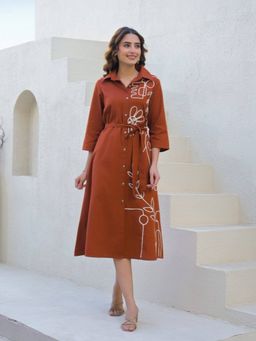 Autumnlane - Women Brown Cotton Embroidered Dress with Belt