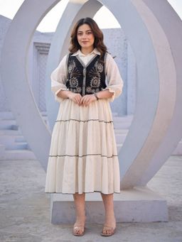 Autumnlane - Women White Cotton Embroidered Dress with Jacket