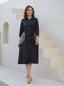 Autumnlane - Women Black Cotton Embroidered Dress with Belt