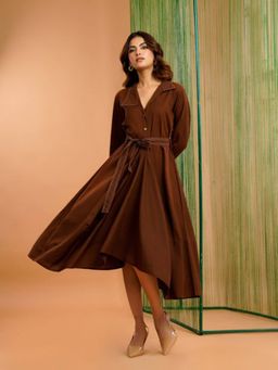 Autumnlane - Women Brown Cotton Plain Dress with Belt