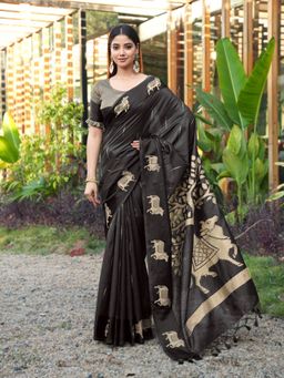 Tikhi Imli - Women Black Silk Blend Woven Saree with Unstitched Blouse Piece