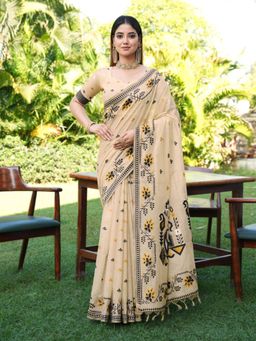 Tikhi Imli - Women Beige Linen Woven Saree with Unstitched Blouse Piece