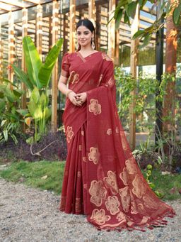 Tikhi Imli - Women Red Linen Printed Saree with Unstitched Blouse Piece