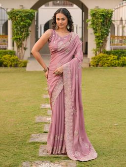 Tikhi Imli - Women Pink Polyester Thread Work Saree with Unstitched Blouse Piece