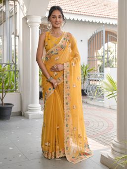 Tikhi Imli - Women Yellow Chiffon Thread Work Saree with Unstitched Blouse Piece