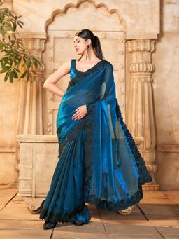 Tikhi Imli - Women Blue Satin Thread Work Saree with Unstitched Blouse Piece