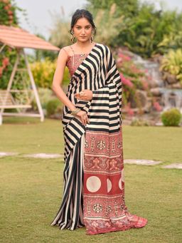 Tikhi Imli - Women Black Satin Stripes Saree with Unstitched Blouse Piece