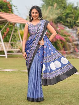 Tikhi Imli - Women Blue Satin Printed Saree with Unstitched Blouse Piece