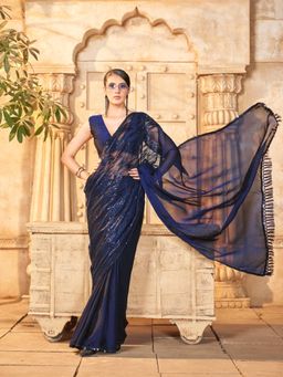 Tikhi Imli - Women Navy Blue Polyester Embellished/Sequined Saree with Unstitched Blouse Piece