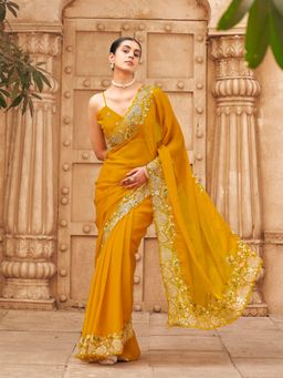 Tikhi Imli - Women Yellow Polyester Embellished/Sequined Saree with Unstitched Blouse Piece