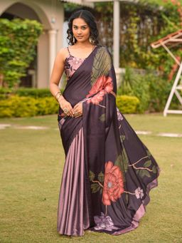 Tikhi Imli - Women Magenta Crepe Floral Saree with Unstitched Blouse Piece