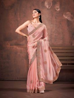 Tikhi Imli - Women Peach Polyester Zari Saree with Unstitched Blouse Piece