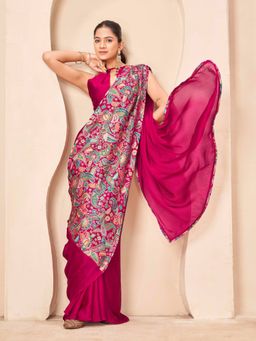 Tikhi Imli - Women Pink Satin Plain Saree with Unstitched Blouse Piece
