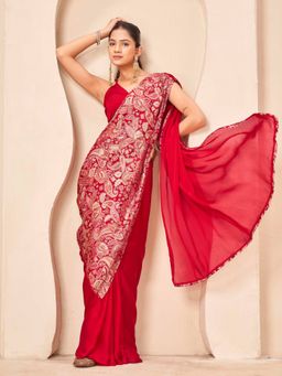 Tikhi Imli - Women Red Satin Plain Saree with Unstitched Blouse Piece