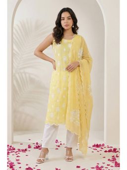 W - Yellow Polyester Lace Dupatta