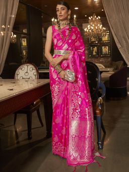 Akhilam - Womens Silk Blend Pink Woven Designer Saree with Unstitched Blouse
