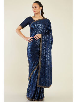 Soch - Women Navy Blue Crepe Embellished Sequined Saree with Unstitched