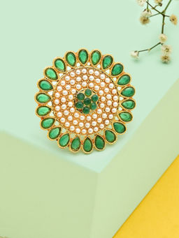 Zaveri Pearls - Green Stones & Pearls Studded Ethnic Flower Shape Finger Ring-ZPFK12229